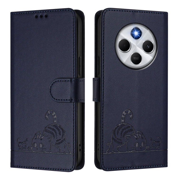 For Redmi 14C 4G Cat Rat Embossed Pattern RFID Leather Phone Case with Lanyard