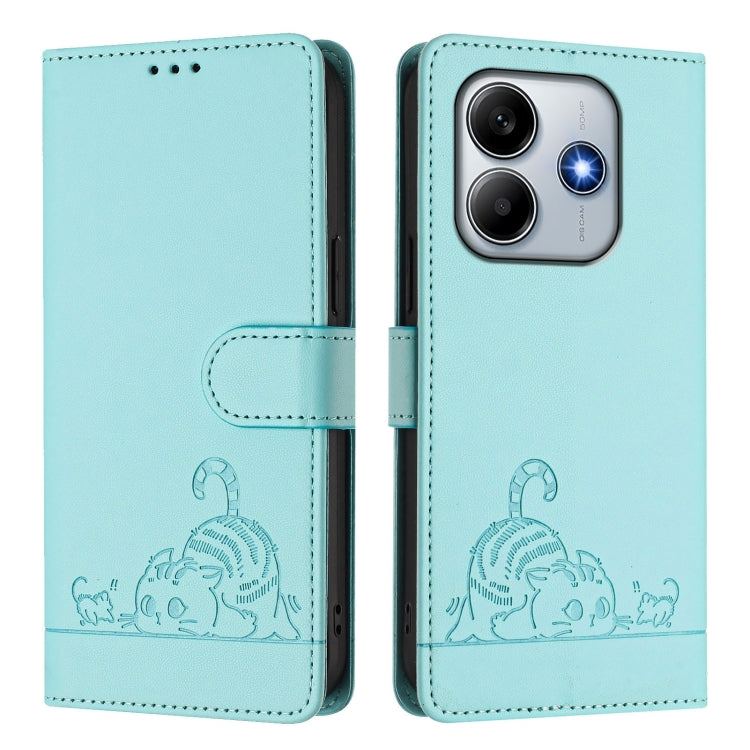 For Redmi Note 14 5G Cat Rat Embossed Pattern RFID Leather Phone Case with Lanyard