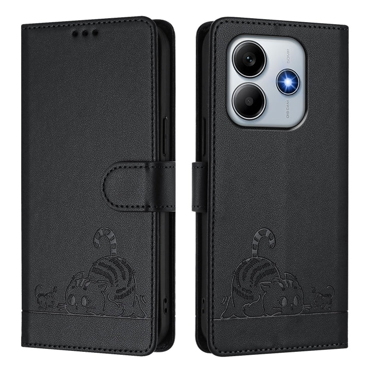 For Redmi Note 14 5G Cat Rat Embossed Pattern RFID Leather Phone Case with Lanyard