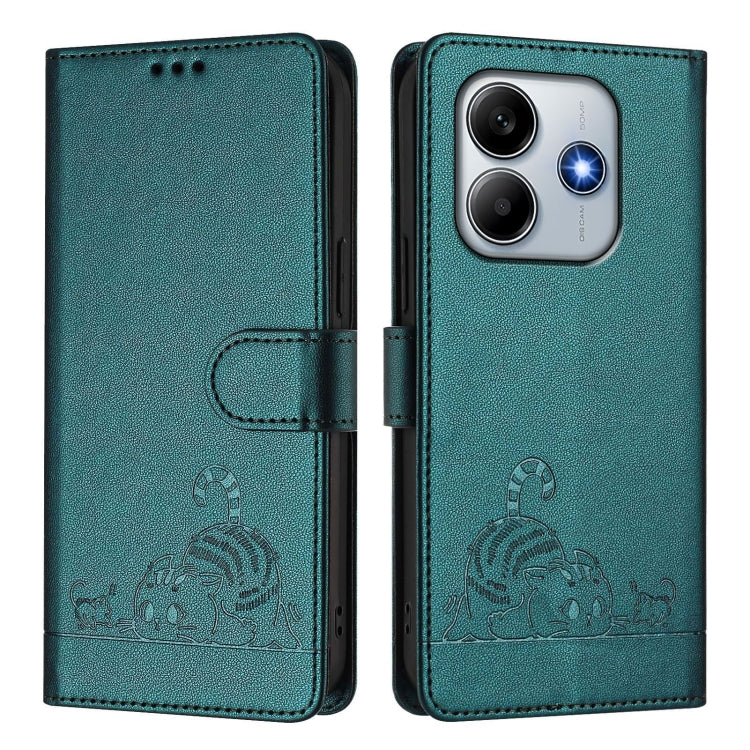 For Redmi Note 14 5G Cat Rat Embossed Pattern RFID Leather Phone Case with Lanyard