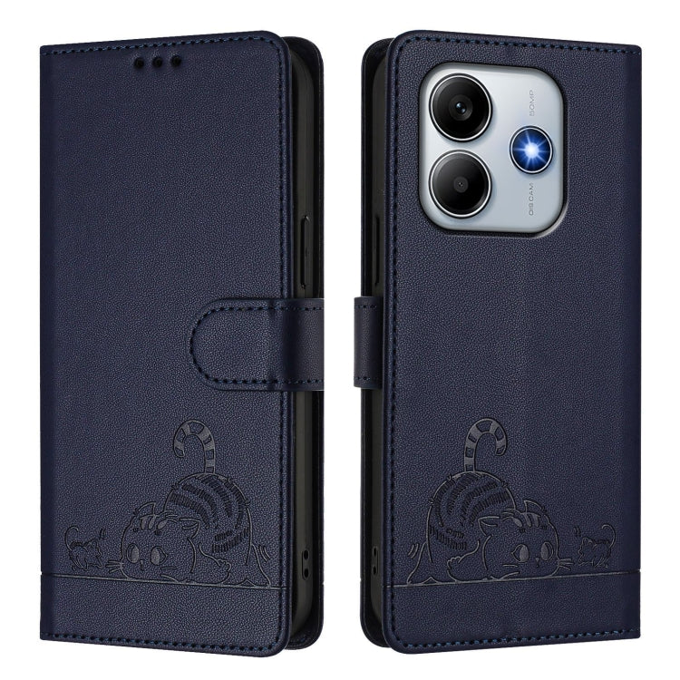 For Redmi Note 14 5G Cat Rat Embossed Pattern RFID Leather Phone Case with Lanyard