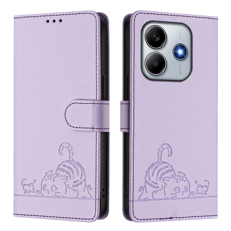 For Redmi Note 14 5G Cat Rat Embossed Pattern RFID Leather Phone Case with Lanyard