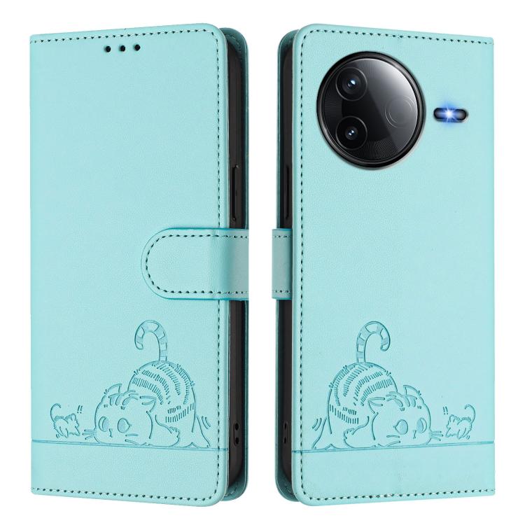 For Redmi K80 5G / K80 Pro 5G Cat Rat Embossed Pattern RFID Leather Phone Case with Lanyard