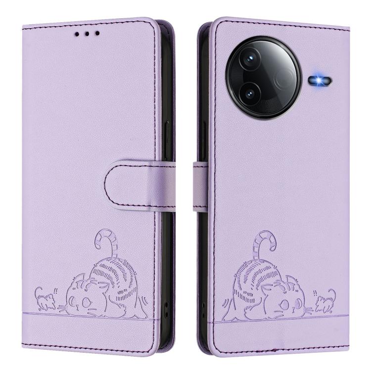 For Redmi K80 5G / K80 Pro 5G Cat Rat Embossed Pattern RFID Leather Phone Case with Lanyard