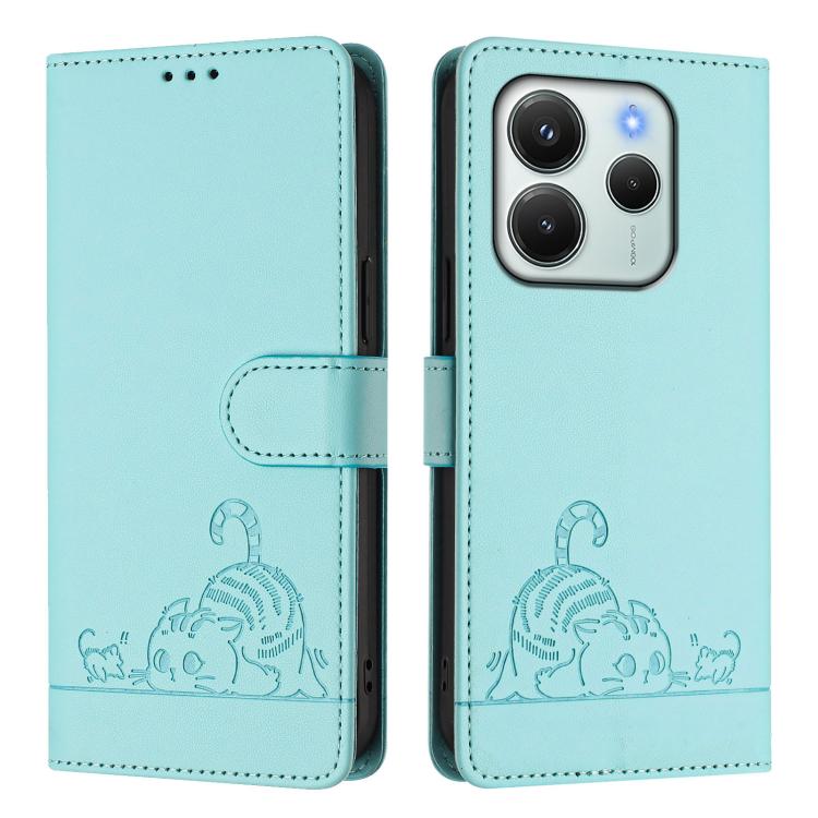 For Redmi Note 14 4G 164.84mm Cat Rat Embossed Pattern RFID Leather Phone Case with Lanyard