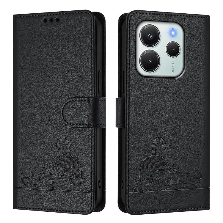 For Redmi Note 14 4G 164.84mm Cat Rat Embossed Pattern RFID Leather Phone Case with Lanyard