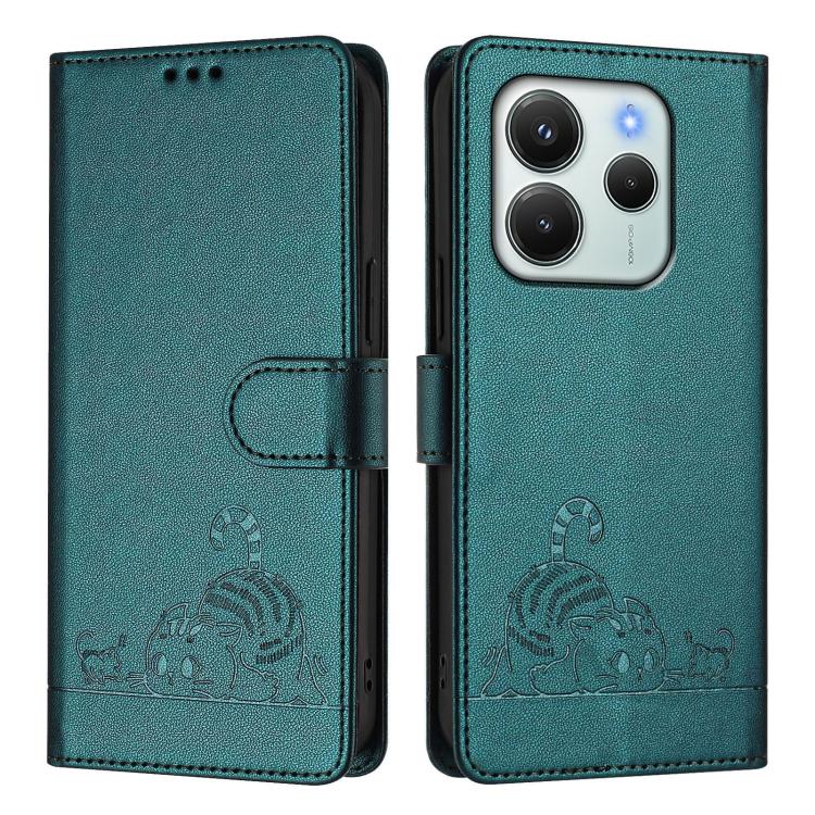 For Redmi Note 14 4G 164.84mm Cat Rat Embossed Pattern RFID Leather Phone Case with Lanyard