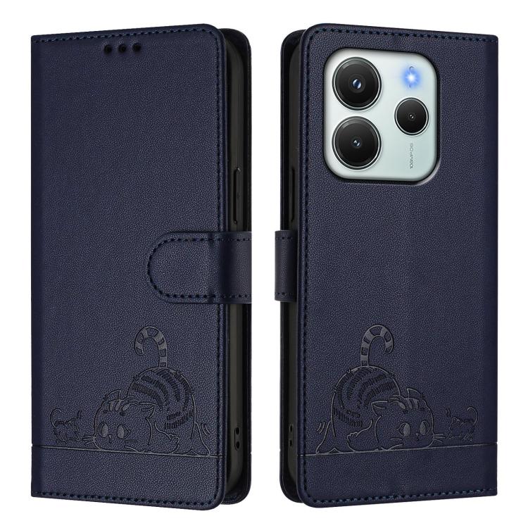 For Redmi Note 14 4G 164.84mm Cat Rat Embossed Pattern RFID Leather Phone Case with Lanyard