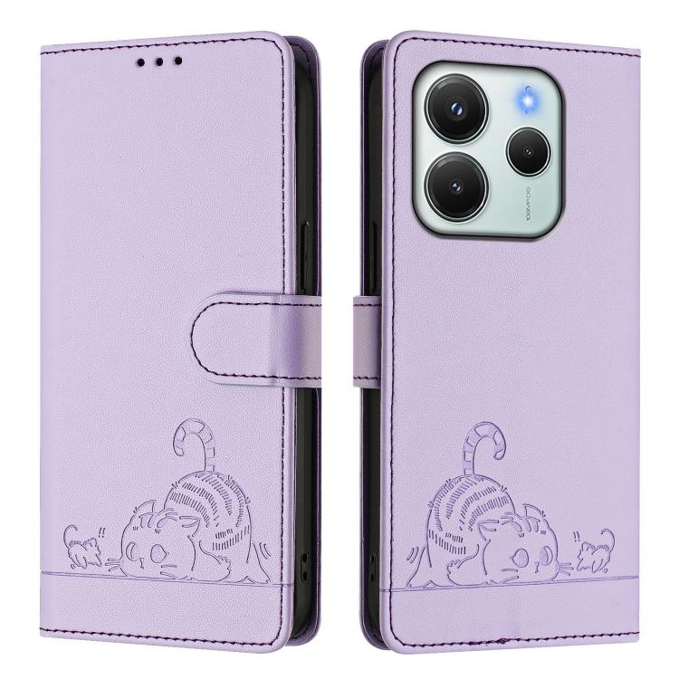 For Redmi Note 14 4G 164.84mm Cat Rat Embossed Pattern RFID Leather Phone Case with Lanyard