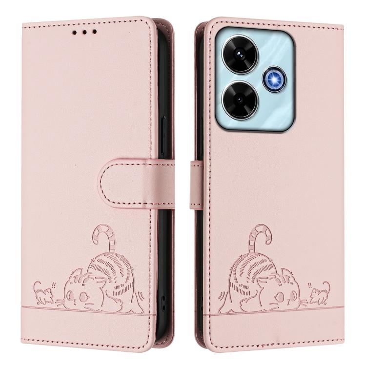 For Redmi 13x 4G / 13 4G Global Cat Rat Embossed Pattern RFID Leather Phone Case with Lanyard