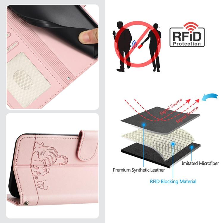 For Redmi 13x 4G / 13 4G Global Cat Rat Embossed Pattern RFID Leather Phone Case with Lanyard
