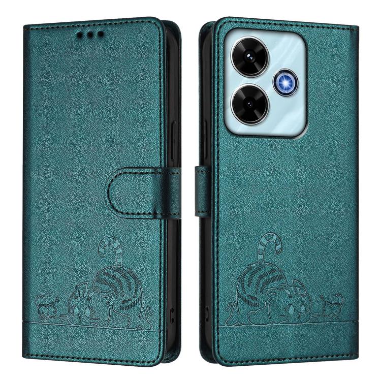 For Redmi 13x 4G / 13 4G Global Cat Rat Embossed Pattern RFID Leather Phone Case with Lanyard