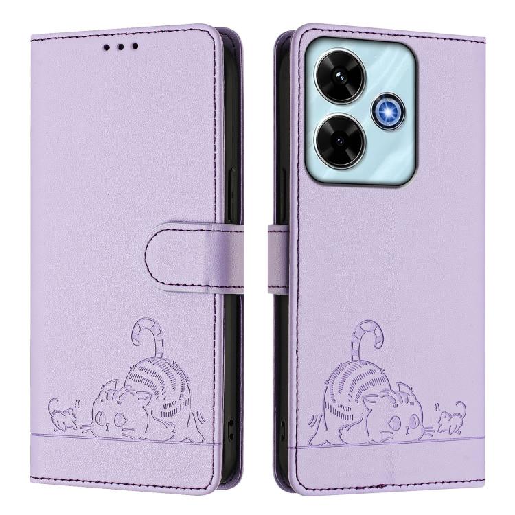 For Redmi 13x 4G / 13 4G Global Cat Rat Embossed Pattern RFID Leather Phone Case with Lanyard