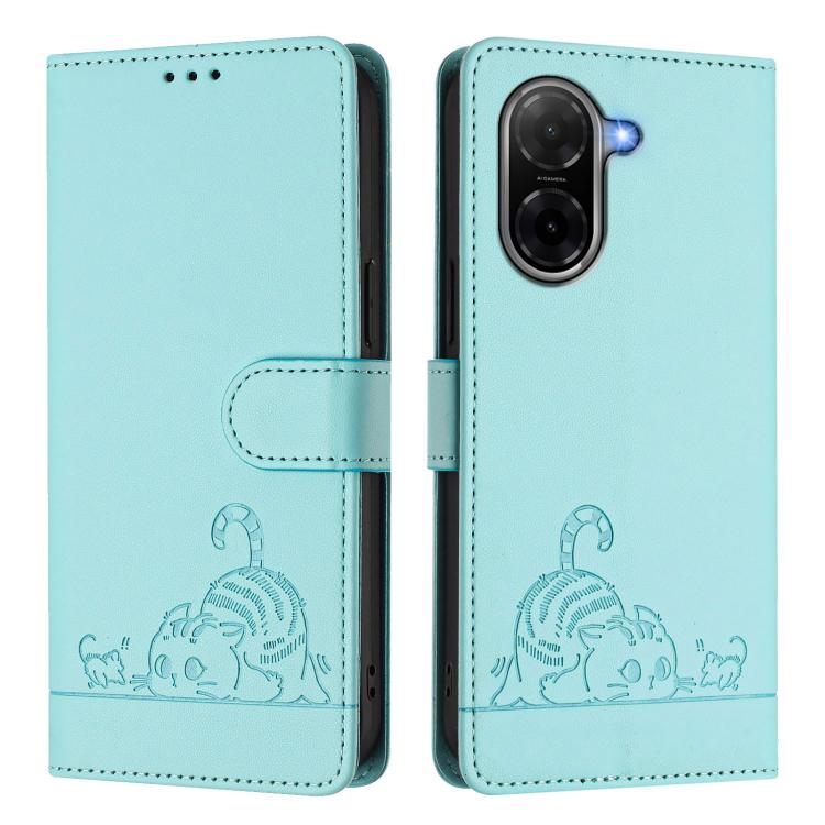 For Redmi A5 4G 171.7mm / Poco C71 Cat Rat Embossed Pattern RFID Leather Phone Case with Lanyard