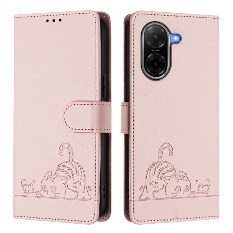 For Redmi A5 4G 171.7mm / Poco C71 Cat Rat Embossed Pattern RFID Leather Phone Case with Lanyard