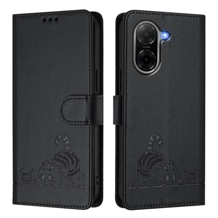 For Redmi A5 4G 171.7mm / Poco C71 Cat Rat Embossed Pattern RFID Leather Phone Case with Lanyard