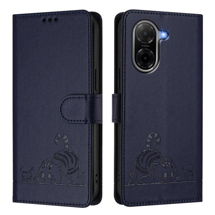 For Redmi A5 4G 171.7mm / Poco C71 Cat Rat Embossed Pattern RFID Leather Phone Case with Lanyard
