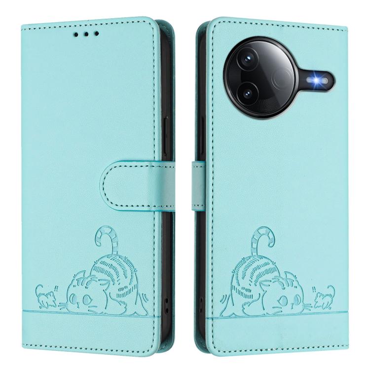 For Redmi K80 / K80 Pro Cat Rat Embossed Pattern RFID Leather Phone Case with Lanyard