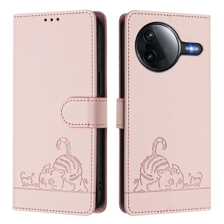 For Redmi K80 / K80 Pro Cat Rat Embossed Pattern RFID Leather Phone Case with Lanyard