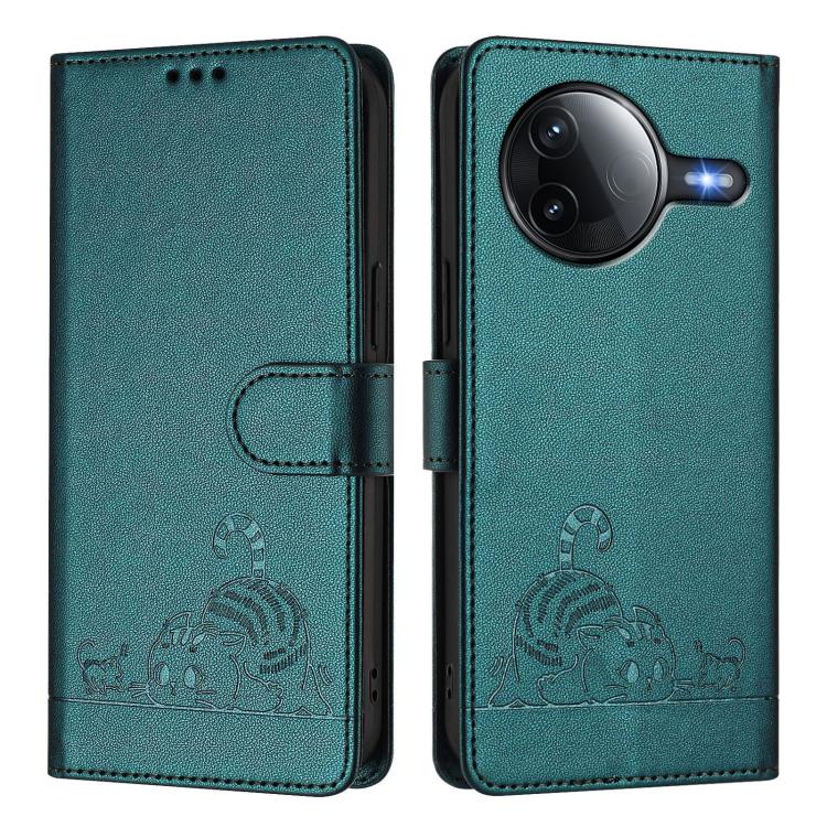 For Redmi K80 / K80 Pro Cat Rat Embossed Pattern RFID Leather Phone Case with Lanyard