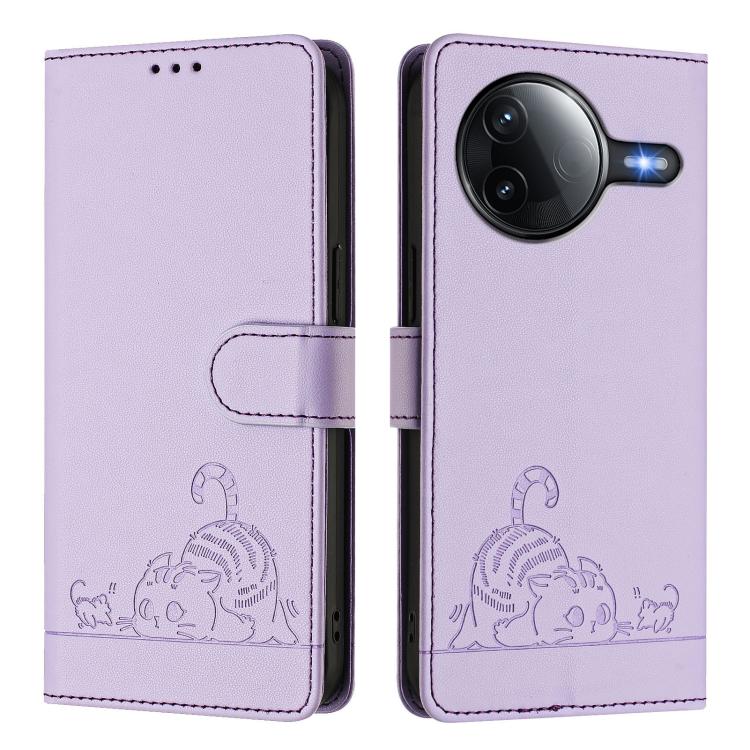 For Redmi K80 / K80 Pro Cat Rat Embossed Pattern RFID Leather Phone Case with Lanyard