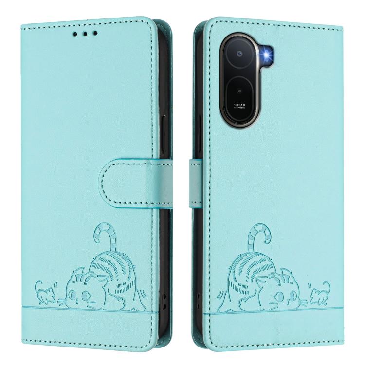 For Redmi A7 Pro 171mm / Poco C85x 5G Cat Rat Embossed Pattern RFID Leather Phone Case with Lanyard