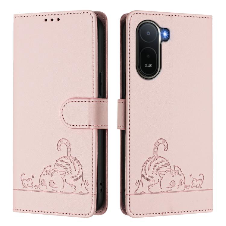 For Redmi A7 Pro 171mm / Poco C85x 5G Cat Rat Embossed Pattern RFID Leather Phone Case with Lanyard