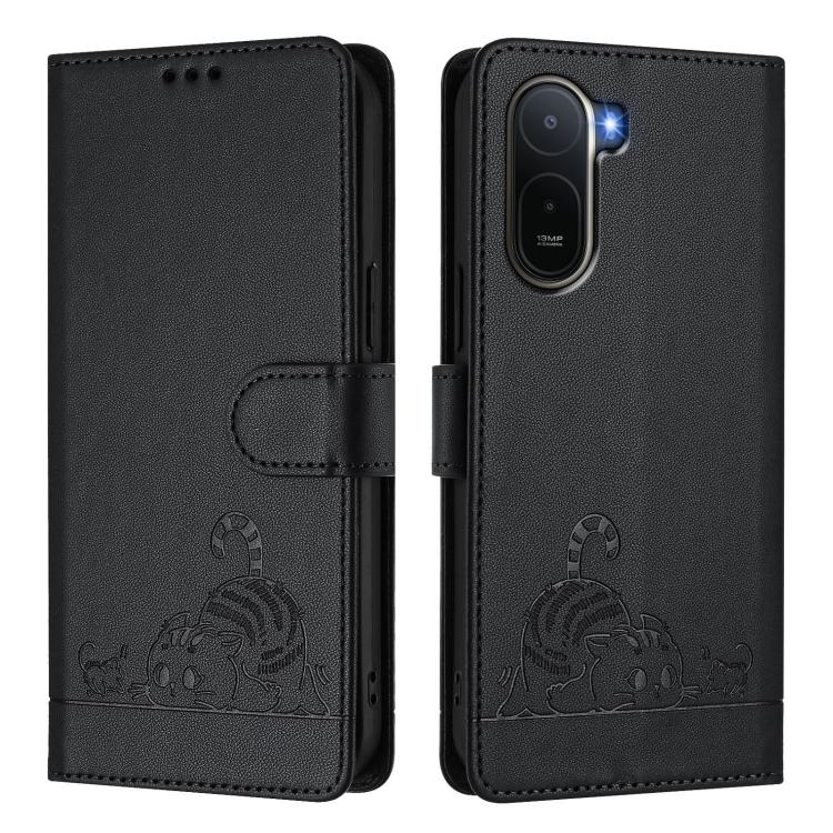 For Redmi A7 Pro 171mm / Poco C85x 5G Cat Rat Embossed Pattern RFID Leather Phone Case with Lanyard