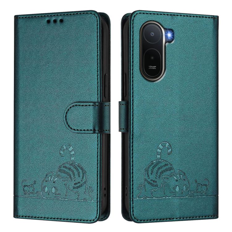 For Redmi A7 Pro 171mm / Poco C85x 5G Cat Rat Embossed Pattern RFID Leather Phone Case with Lanyard