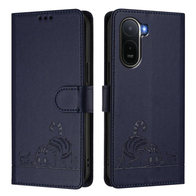 For Redmi A7 Pro 171mm / Poco C85x 5G Cat Rat Embossed Pattern RFID Leather Phone Case with Lanyard