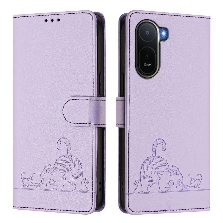 For Redmi A7 Pro 171mm / Poco C85x 5G Cat Rat Embossed Pattern RFID Leather Phone Case with Lanyard