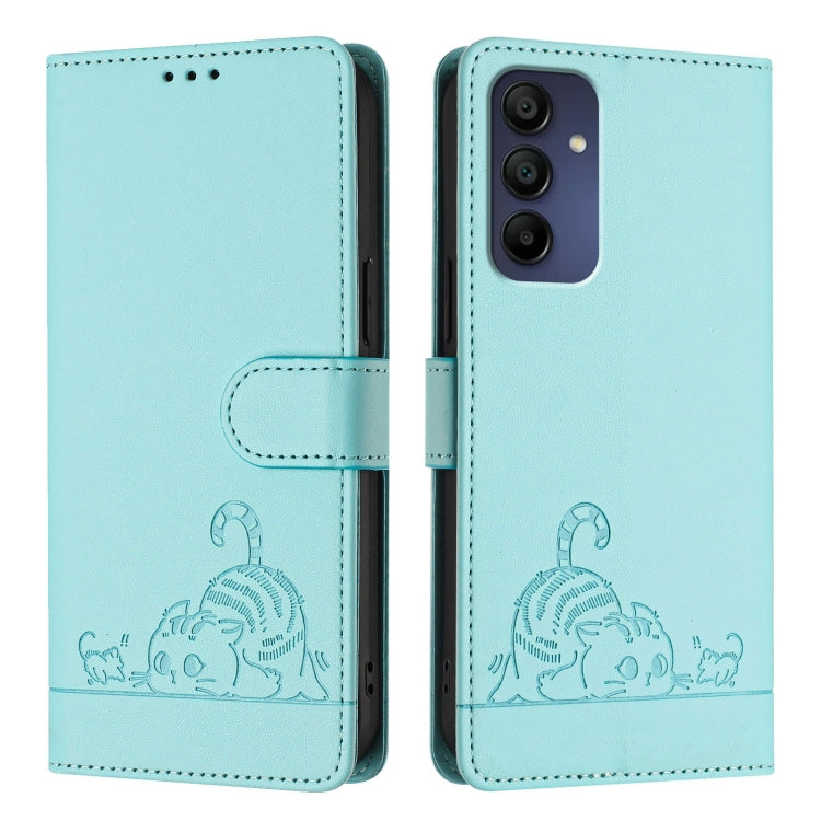 For Samsung Galaxy A16 5G Cat Rat Embossed Pattern RFID Leather Phone Case with Lanyard