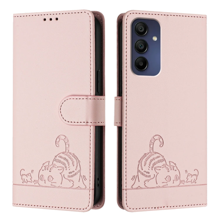For Samsung Galaxy A16 5G Cat Rat Embossed Pattern RFID Leather Phone Case with Lanyard
