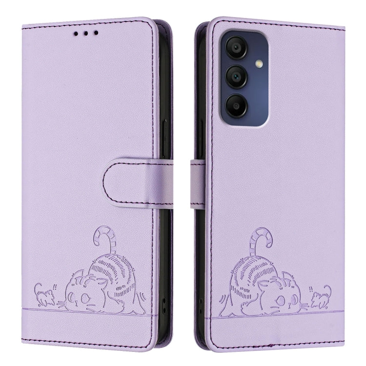 For Samsung Galaxy A16 5G Cat Rat Embossed Pattern RFID Leather Phone Case with Lanyard