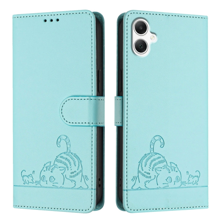 For Samsung Galaxy A06 4G Cat Rat Embossed Pattern RFID Leather Phone Case with Lanyard