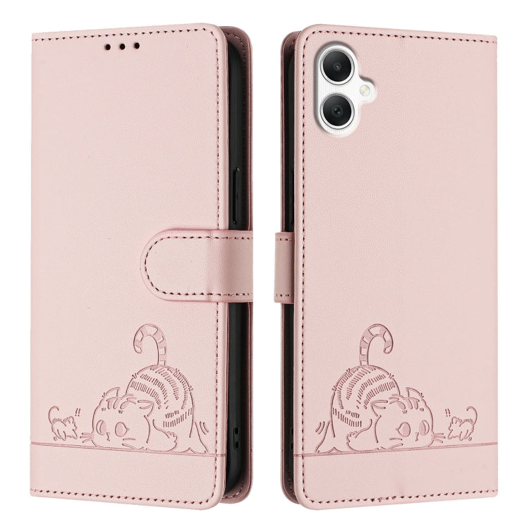 For Samsung Galaxy A06 4G Cat Rat Embossed Pattern RFID Leather Phone Case with Lanyard