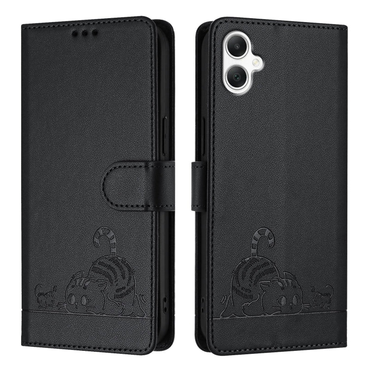 For Samsung Galaxy A06 4G Cat Rat Embossed Pattern RFID Leather Phone Case with Lanyard