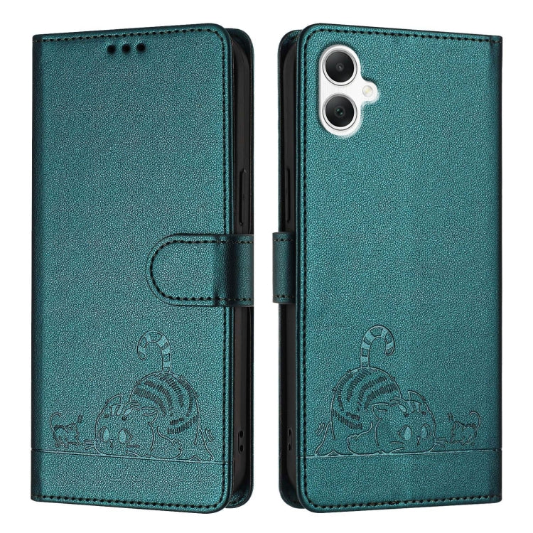 For Samsung Galaxy A06 4G Cat Rat Embossed Pattern RFID Leather Phone Case with Lanyard