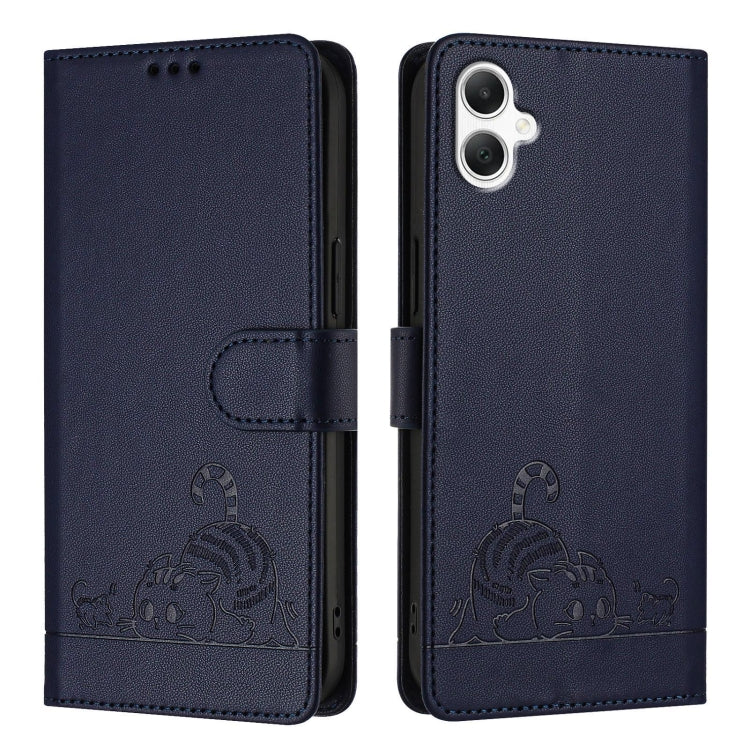 For Samsung Galaxy A06 4G Cat Rat Embossed Pattern RFID Leather Phone Case with Lanyard