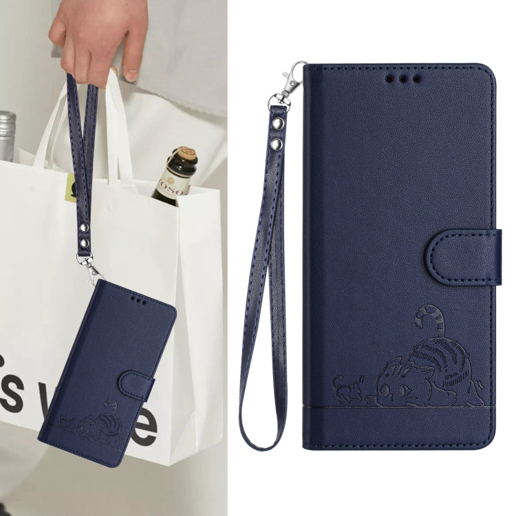 For Samsung Galaxy A06 4G Cat Rat Embossed Pattern RFID Leather Phone Case with Lanyard
