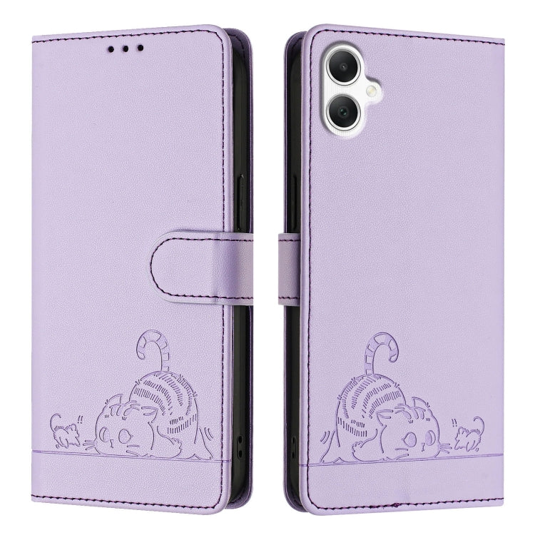 For Samsung Galaxy A06 4G Cat Rat Embossed Pattern RFID Leather Phone Case with Lanyard