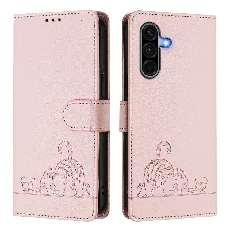For Samsung Galaxy A36 5G Cat Rat Embossed Pattern RFID Leather Phone Case with Lanyard