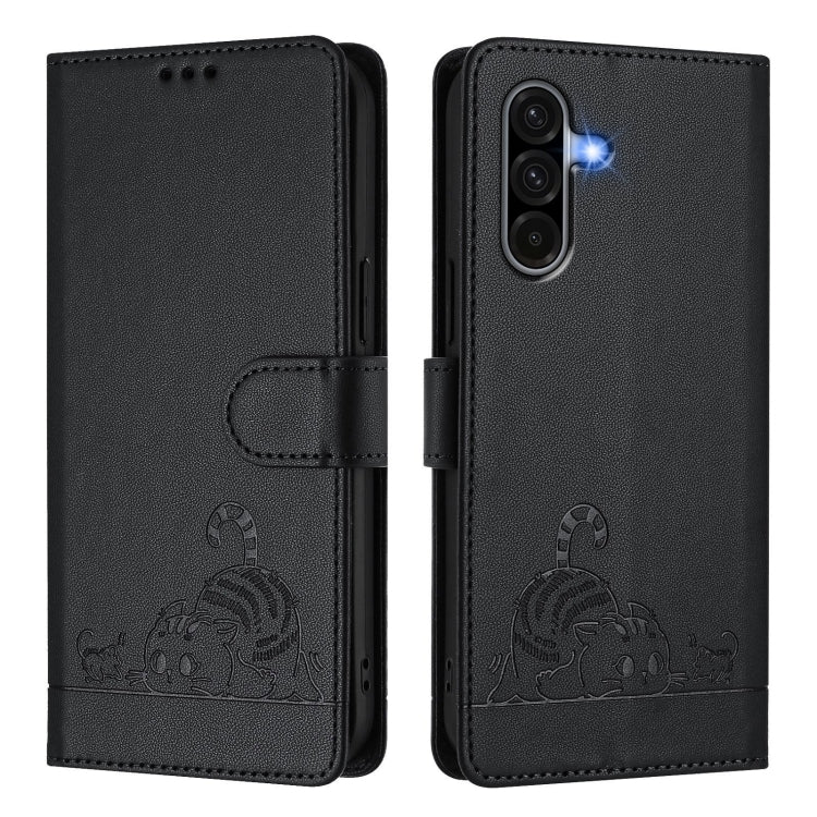 For Samsung Galaxy A36 5G Cat Rat Embossed Pattern RFID Leather Phone Case with Lanyard