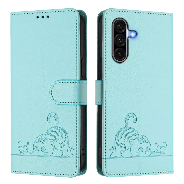 For Samsung Galaxy A56 5G Cat Rat Embossed Pattern RFID Leather Phone Case with Lanyard