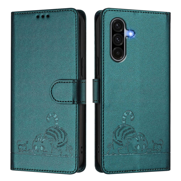 For Samsung Galaxy A56 5G Cat Rat Embossed Pattern RFID Leather Phone Case with Lanyard