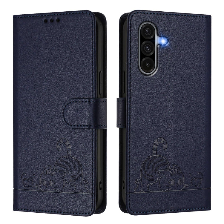 For Samsung Galaxy A56 5G Cat Rat Embossed Pattern RFID Leather Phone Case with Lanyard