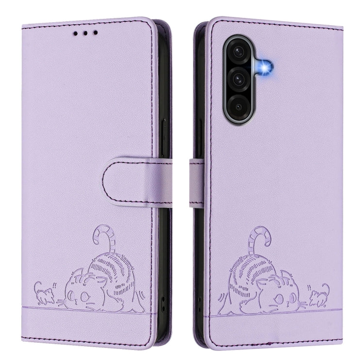 For Samsung Galaxy A56 5G Cat Rat Embossed Pattern RFID Leather Phone Case with Lanyard