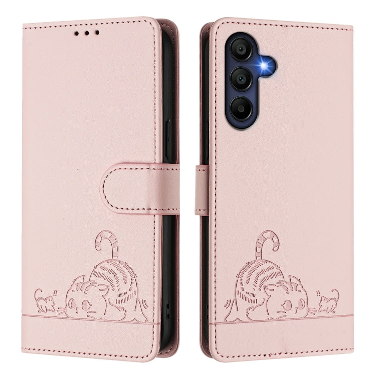 For Samsung Galaxy A16 4G Cat Rat Embossed Pattern RFID Leather Phone Case with Lanyard