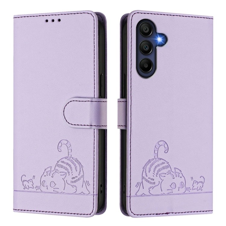 For Samsung Galaxy A16 4G Cat Rat Embossed Pattern RFID Leather Phone Case with Lanyard