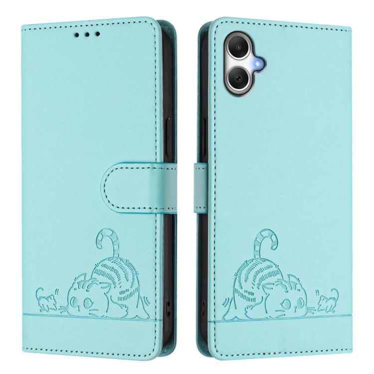 For Samsung Galaxy A06 5G Cat Rat Embossed Pattern RFID Leather Phone Case with Lanyard